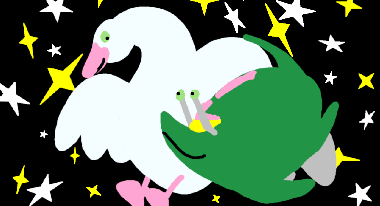 Lalah in her swan form flying with Elmeth through space, with stars in the background.