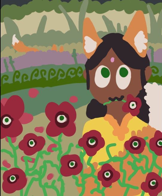 Lalah as a foxgirl in a poppy field. The poppies have eyes.