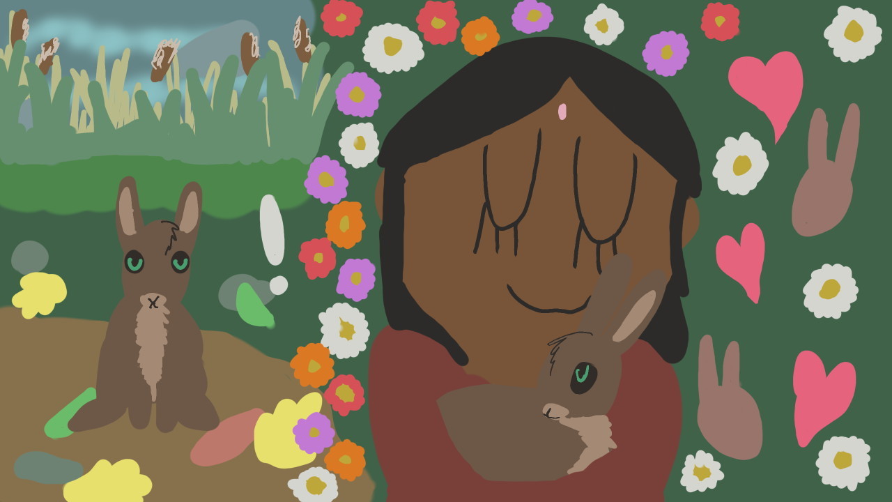 Lalah cuddling the rabbit Hyzenthlay from Watership Down.