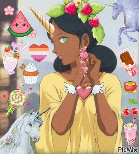 Lalah with a unicorn horn surrounded by unicorns and kawaii desserts.