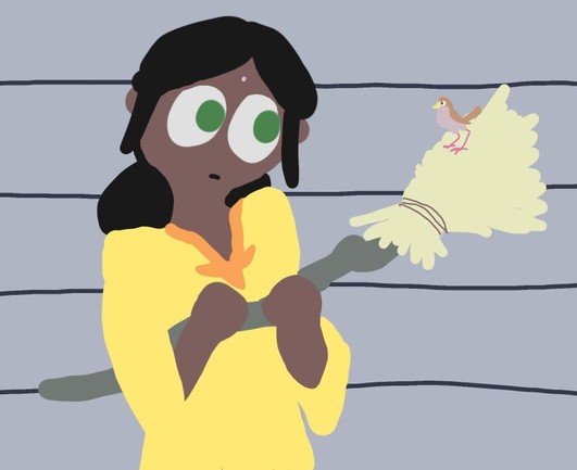 Lalah holding a broom and looking at a nightingale perched on the end of it.