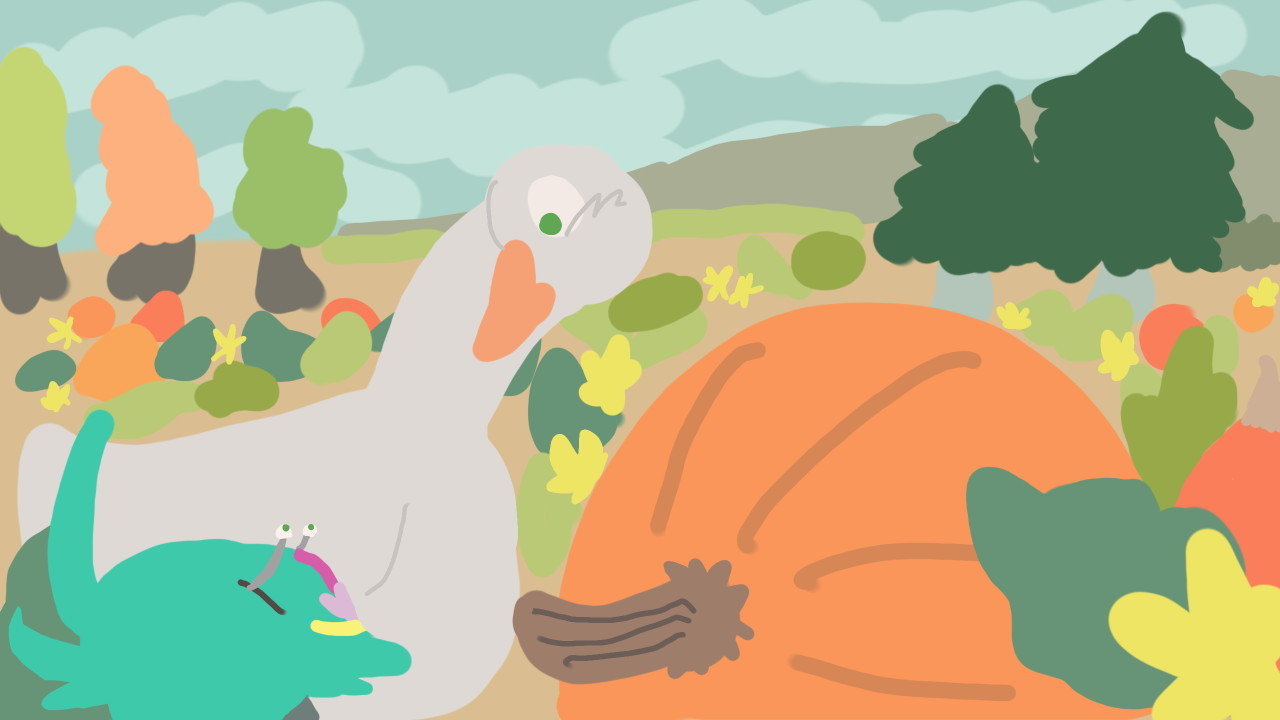 Swan Lalah finding a tiny Elmeth in a pumpkin patch.