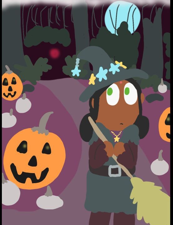 Lalah in a witch's outfit, looking nervous. She is in the woods surrounded by jack o lanterns and the red glow of a monoeye is in the woods behind her.