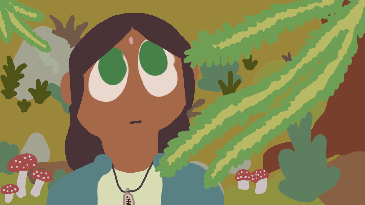Lalah hiking in the forest while wearing a pendant with a yew symbol and looking at a yew tree.