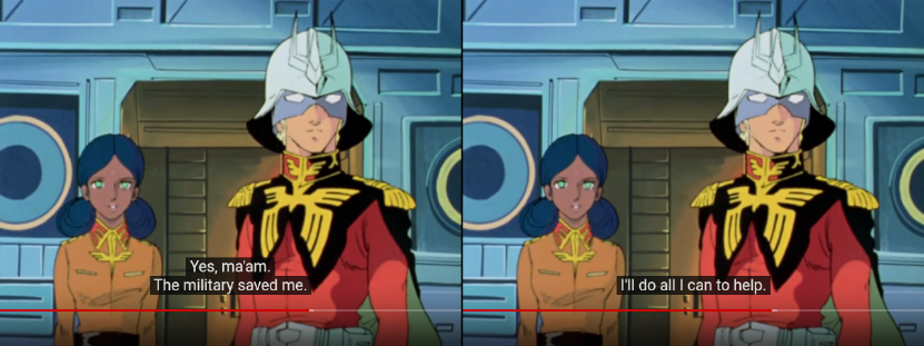 Lalah wearing a Zeon military uniform and telling Kycilia, 'Yes, ma'am. The military saved me. I'll do all I can to help.'